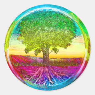 Regenboogkleurige levensboom ronde sticker