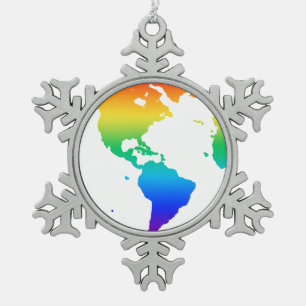 Regenboogkleurige planeet aarde tin sneeuwvlok ornament