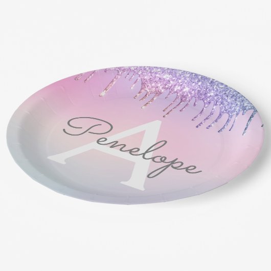 Regenboogliter met gloed en monogram papieren bordje (Gekanteld)