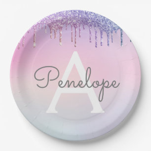 Regenboogliter met gloed en monogram papieren bordje