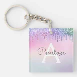 Regenboogliter met gloed en monogram sleutelhanger