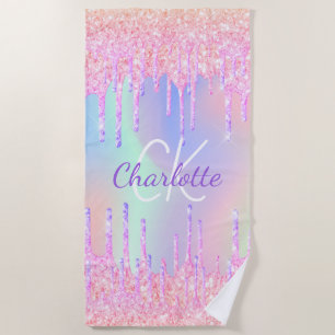 Regenbooglitter druppelt roze monogram af strandlaken