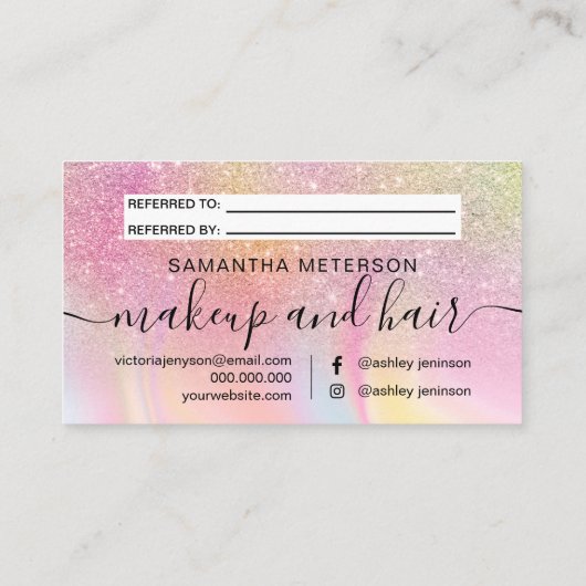 Regenbooglitter ombre regenboogeenhoorn holografis aanbevelingskaartje (Achterkant)