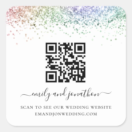 Regenbooglitter QR Code Weddenschap Website Vierkante Sticker (Voorkant)