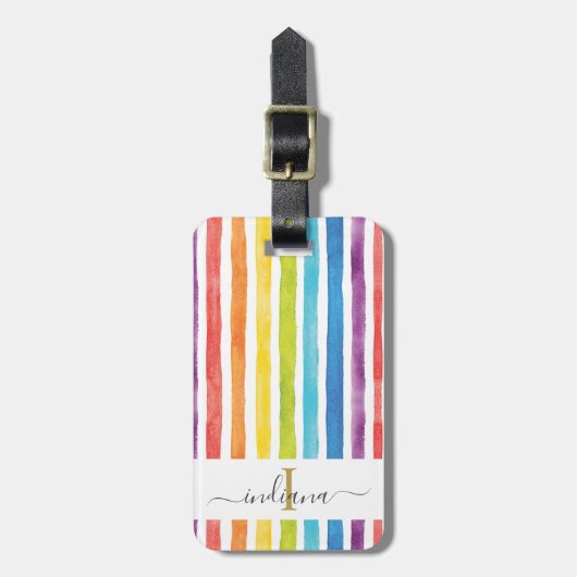 Regenboogmonogram Waterverf Stripe Bagagelabel (Voorkant verticaal)