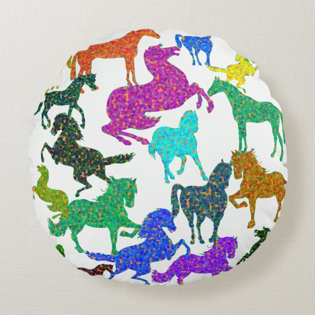 Regenboogpaarden - "Dolle paardenliefhebber!" Rond Kussen (Voorkant)