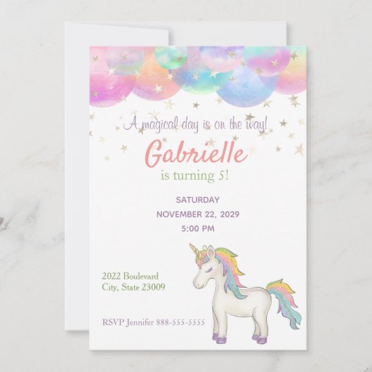 Regenboogpasta unicorn kinderen Birthday Uitnodigi Kaart (Voorkant)