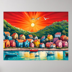 Regenboogrij van strandhuizen poster