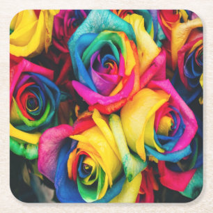 RegenboogRozen Bouquet Vierkante Kartonnen Onderzetter