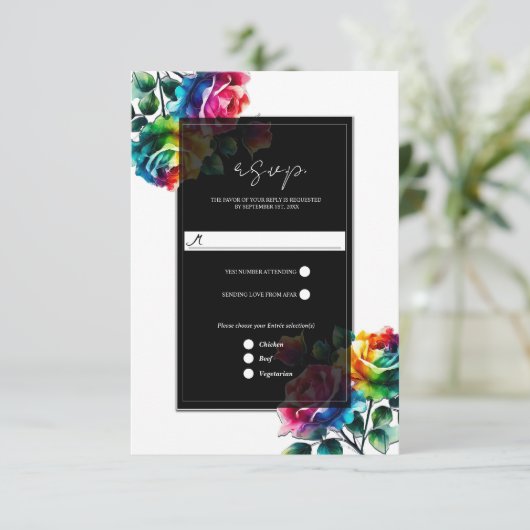 Regenboogrozen Zwart & Witte Bloemen Bruiloft RSVP (Staand voorkant)