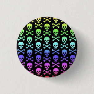 Regenboogschedel en kruisbeenderen ronde button 3,2 cm