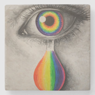 Regenboogscheuren poster met kussenband stenen onderzetter