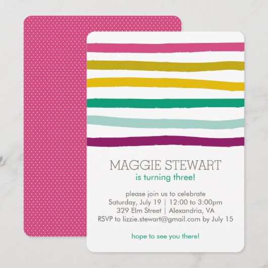 Regenboogstripes Birthday Invitation Kaart (Voorkant / Achterkant)