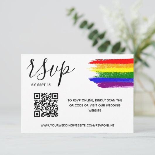 Regenboogverf LGBT Weddenschap QR-code RSVP Kaartje (Staand voorkant)