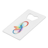 Regenboogvogel met oneindige symbolen kredietkaart flessenopener (Voorkant Gekanteld)