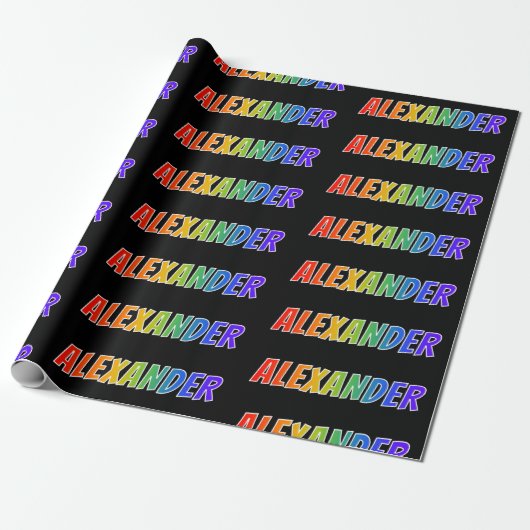 Regenboogvoornaam "ALEXANDER"; vun en kleurrijk Cadeaupapier (Uitgerold)