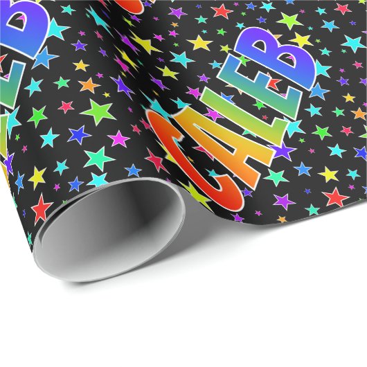 Regenboogvoornaam "CALEB" + sterren Cadeaupapier (Rol Hoek)