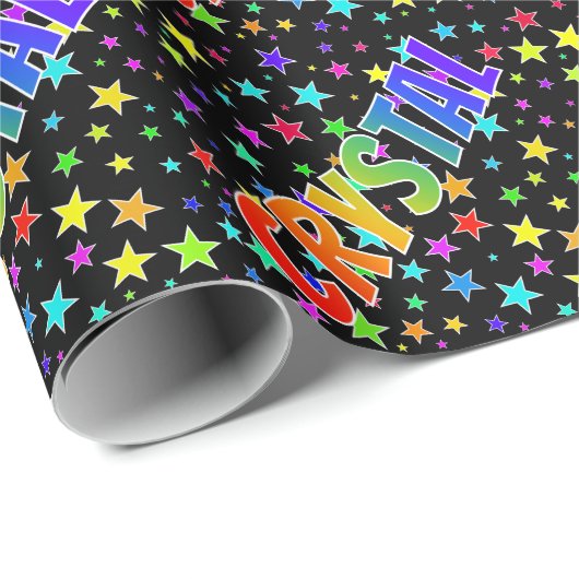 Regenboogvoornaam "CRYSTAL" + sterren Cadeaupapier (Rol Hoek)