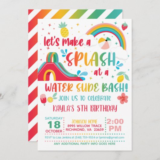 Regenboogwater Slide Birthday Uitnodiging (Voorkant / Achterkant)