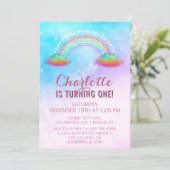 Regenboogwolken meisjes 1e verjaardagsfeest kaart (Staand voorkant)