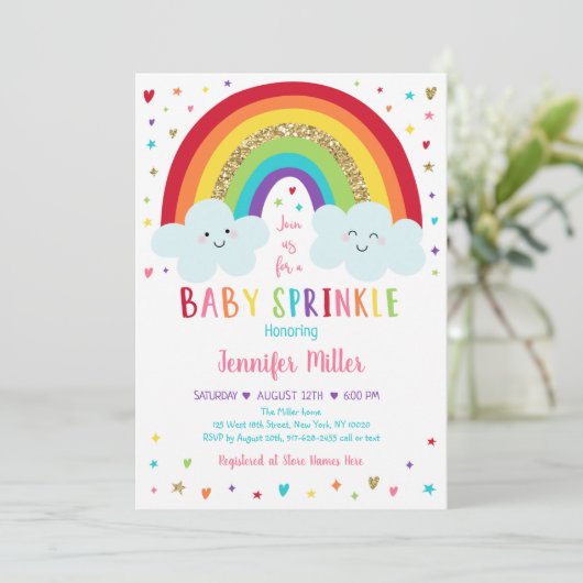 Regenboogwolken Roze Gouden Baby Sprinkle Kaart (Staand voorkant)