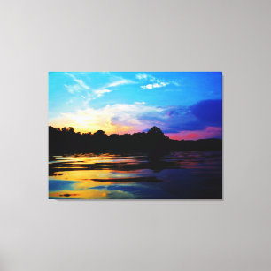Regenboogzonsonderstel op bergmeer canvas afdruk
