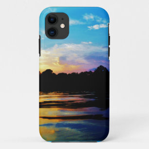 Regenboogzonsonderstel op bergmeer iPhone 11 hoesje