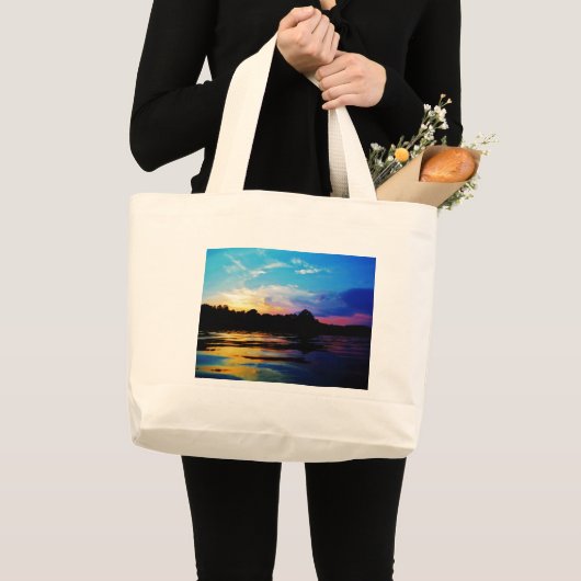 Regenboogzonsonderstel op bergmeer grote tote bag (Voorkant (product))
