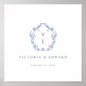 Regency Blauw  Crest Monogram Bruiloft Poster (Voorkant)