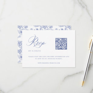 Regency Blue Chinoiserie Huwelijk QR Code RSVP Kaartje