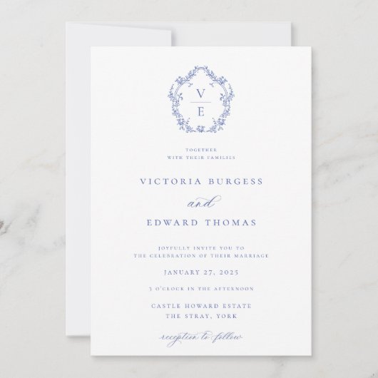 Regency Blue Crest Monogram Wedding Kaart (Voorkant)