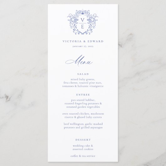 Regency Blue Crest Monogram Wedding Menu (Voorkant)