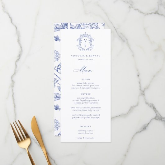 Regency Blue Crest Monogram Wedding Menu (Voorkant / Achterkant in situ)