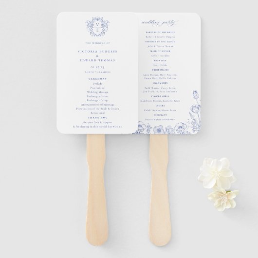 Regency Blue Crest Monogram Wedding Programme Handwaaier (Voorkant en achterkant)