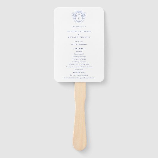 Regency Blue Crest Monogram Wedding Programme Handwaaier (Voorkant)
