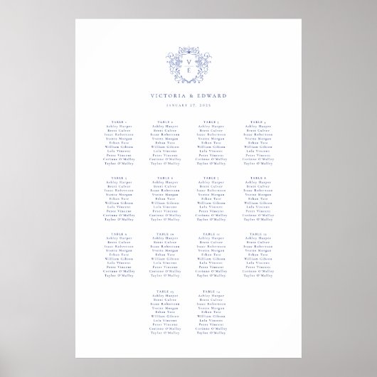 Regency Blue Crest Monogram Wedding Seding Chart Poster (Voorkant)