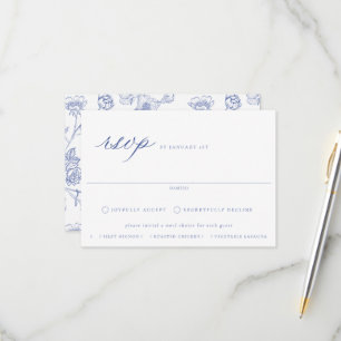 Regency Blue Floral Meal Choice Wedding RSVP Kaart