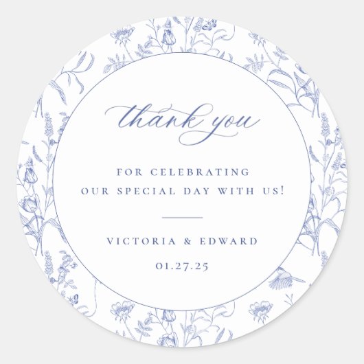 Regency Blue Floral Wedding Bedankt Ronde Sticker (Voorkant)