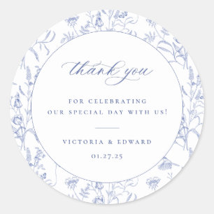 Regency Blue Floral Wedding Bedankt Ronde Sticker