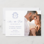 Regency Blue Monogram Crest Wedding Foto Save The Date (Voorkant)