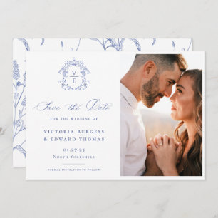 Regency Blue Monogram Crest Wedding Foto Save The Date