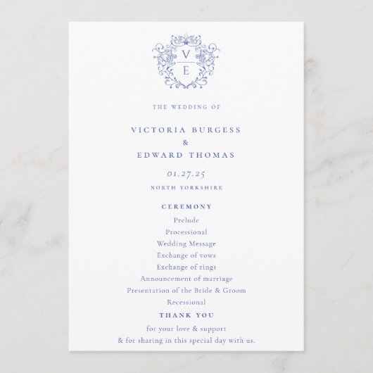 Regency Blue Monogram Crest Wedding Programma (Voorkant)