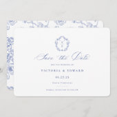 Regency Blue Monogram Crest Wedding Save The Date (Voorkant / Achterkant)