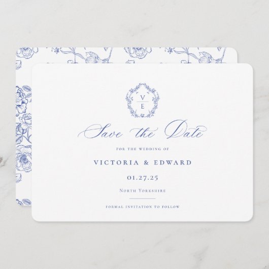 Regency Blue Monogram Crest Wedding Save The Date (Voorkant / Achterkant)