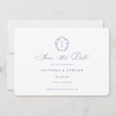 Regency Blue Monogram Crest Wedding Save The Date (Voorkant)
