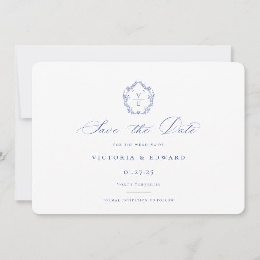 Regency Blue Monogram Crest Wedding Save The Date (Voorkant)