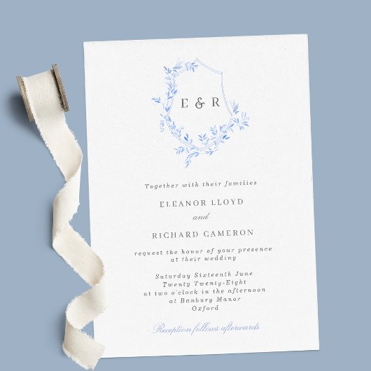 Regency Blue Monogram Leaf Crest Wedding Invitatio Kaart