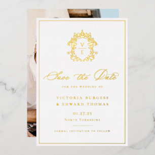 Regency Era Monogram Crest Trouwfoto Folie Uitnodiging