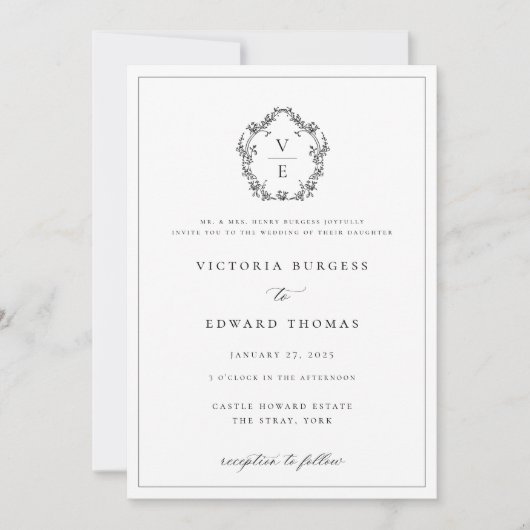 Regency Era zwart Crest Monogram bruiloft Kaart (Voorkant)