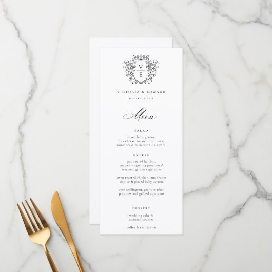 Regency Era zwart Crest Monogram bruiloft Menu (Voorkant / Achterkant in situ)